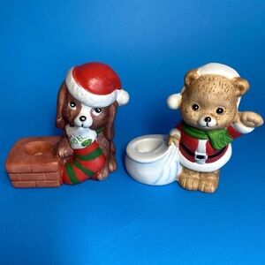 Lot Of 2 Vintage JSNY Holiday Friends Christmas Candle Holders Bear And Dog NIB